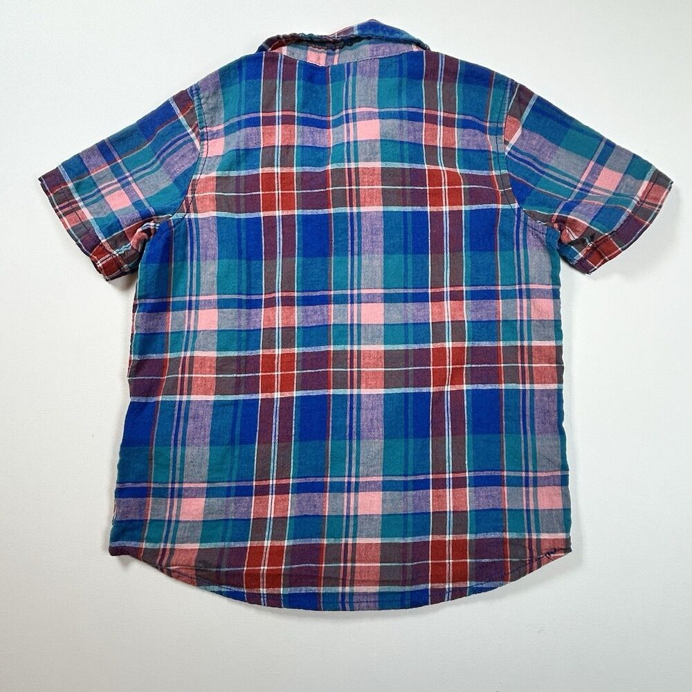 Old Navy Retro Shirt Short Sleeve Linen Cotton Plaid Red Blue Pockets Boys 4T - Picture 2 of 10